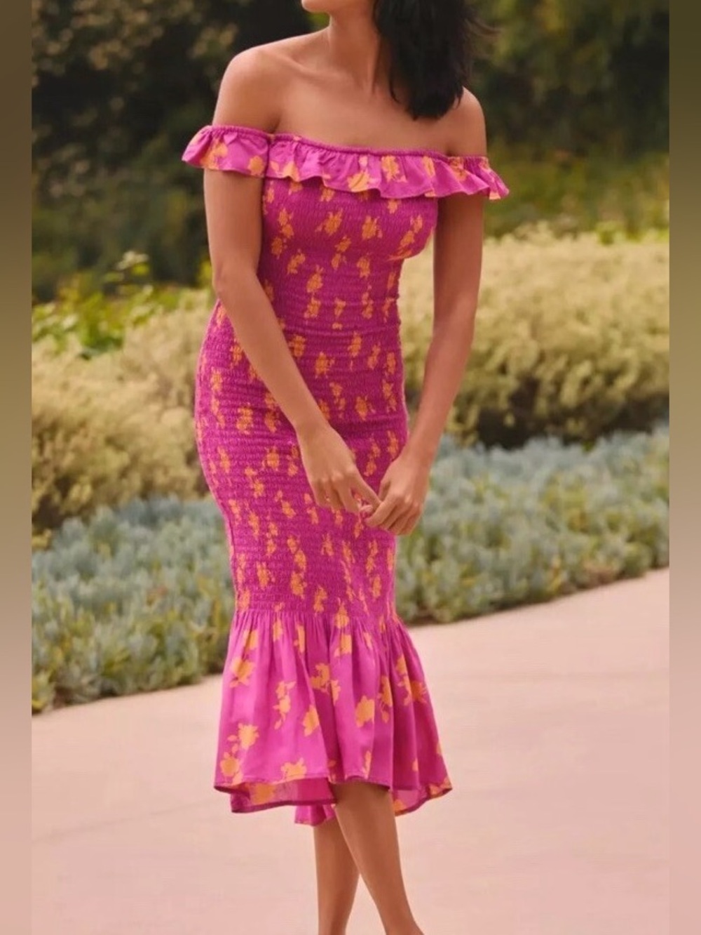 Anthropologie Off-The-Shoulder Pink & Orange Floral Smocked Midi Dress Size XS